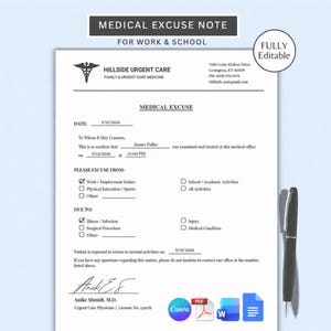 Modello di certificato medico modificabile per scuola e lavoro / Lettera di assenza per motivi di salute (Google Docs, Canva, PDF, Word)