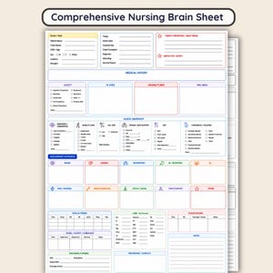 Puede incluir: Una hoja de seguimiento de enfermería Comprehensive Nursing Brain Sheet blanca con texto negro y encabezados de sección coloridos. El documento incluye campos para información del paciente, historial médico, seguridad, vías intravenosas, drenajes, medicamentos, resumen rápido, evaluación, constantes vitales, laboratorios y alta.