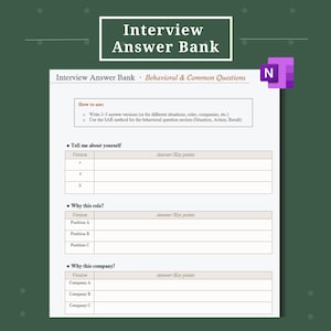 May include: A document titled "Interview Answer Bank" with sections for interview preparation. Includes prompts for common questions like "Tell me about yourself" and "Why this role?" with space for answers.