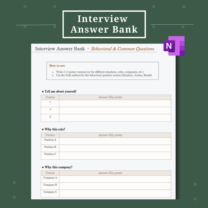 Interview Answer Bank | Onenote Template | Behavioral & Common ...