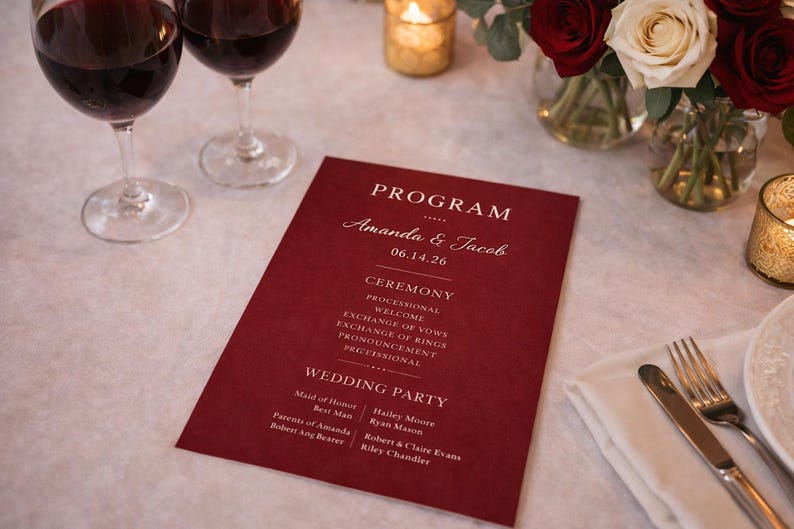 Burgundy Minimalist Wedding Program Template | Editable Canva Reception ...