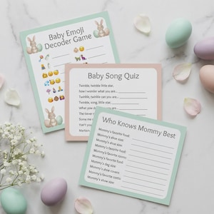 Paquete de juegos para baby shower de Pascua, emoji de conejito imprimible, cuestionario de canciones (descarga digital)
