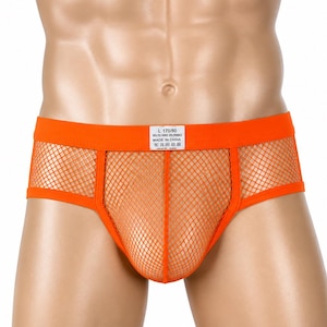 Puede incluir: Braguitas de color naranja brillante con una cintura elástica ancha y una estructura de tejido de malla. Una etiqueta rectangular blanca está centrada en la cintura delantera con el texto L 170/80, 95% POLYESTER 5% SPANDEX, MADE IN CHINA.