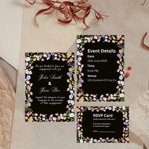 May include: A set of engagement announcement cards with a black background and floral border. The cards include event details, RSVP information, and the names "John Smith & Jane Doe."