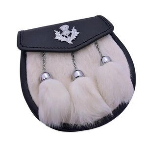 White Rabbit Fur Sporran –Traditional Scottish Thistle Emblem Kilt Accessory image 2