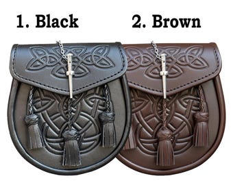 Handmade Leather Sporran: Embossed Celtic Kilt Bag with Chain