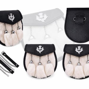 May include: A black leather sporran featuring a white fur front, three hanging tassels with silver-tone caps, and a silver-tone thistle emblem on the flap. The set includes a black leather belt with silver-tone chains and metal hardware.