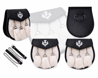 White Rabbit Fur Sporran –Traditional Scottish Thistle Emblem Kilt Accessory