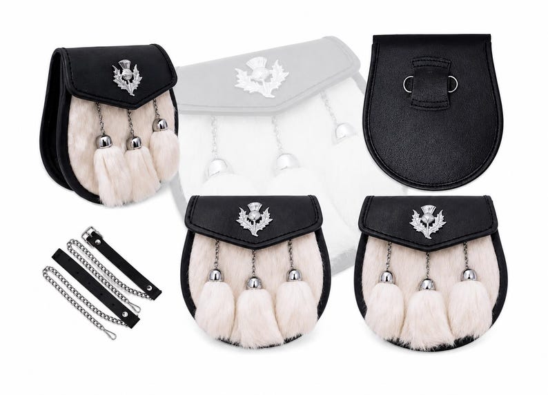 May include: A black leather sporran featuring a white fur front, three hanging tassels with silver-tone caps, and a silver-tone thistle emblem on the flap. The set includes a black leather belt with silver-tone chains and metal hardware.