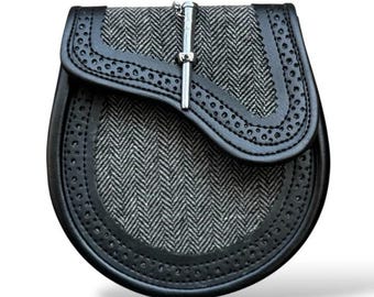 Grey Tweed Leather Sporran with Pin Lock & Chain Belt  Scottish Kilt Accessory