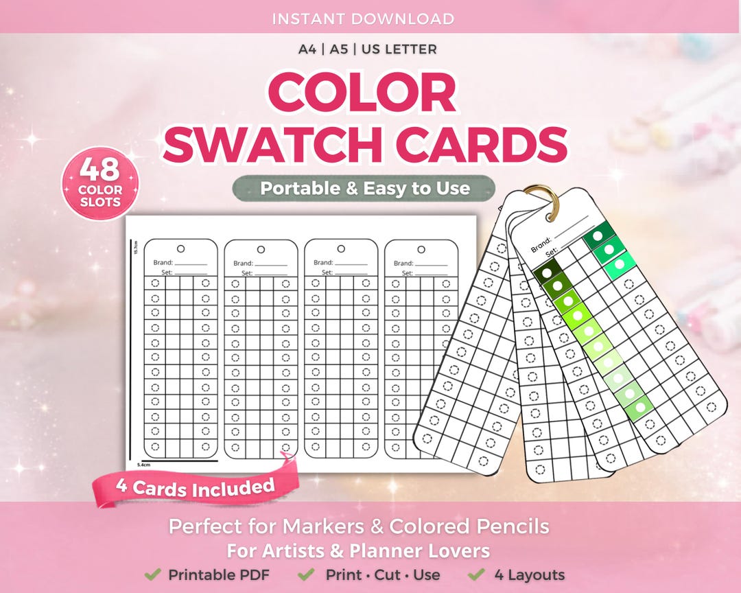 Color Swatch Cards Printable, 48 Color Chart, Marker & Colored Pencil ...