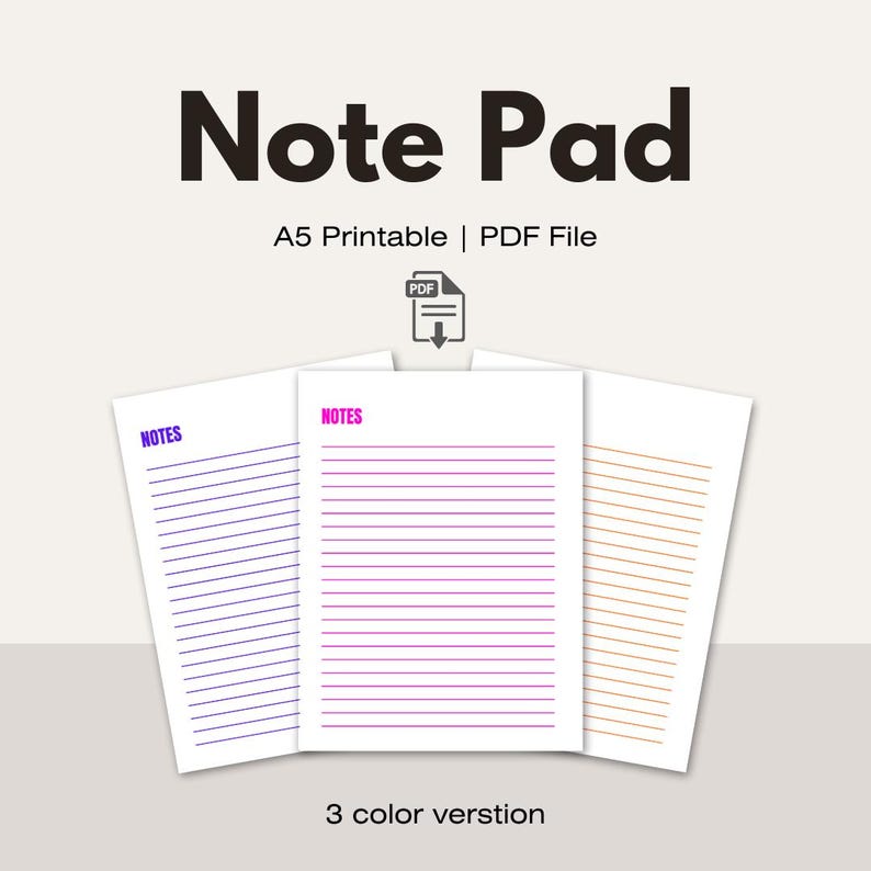 A5 Printable Note Pad | Minimalist Lined Notes Template (digital ...