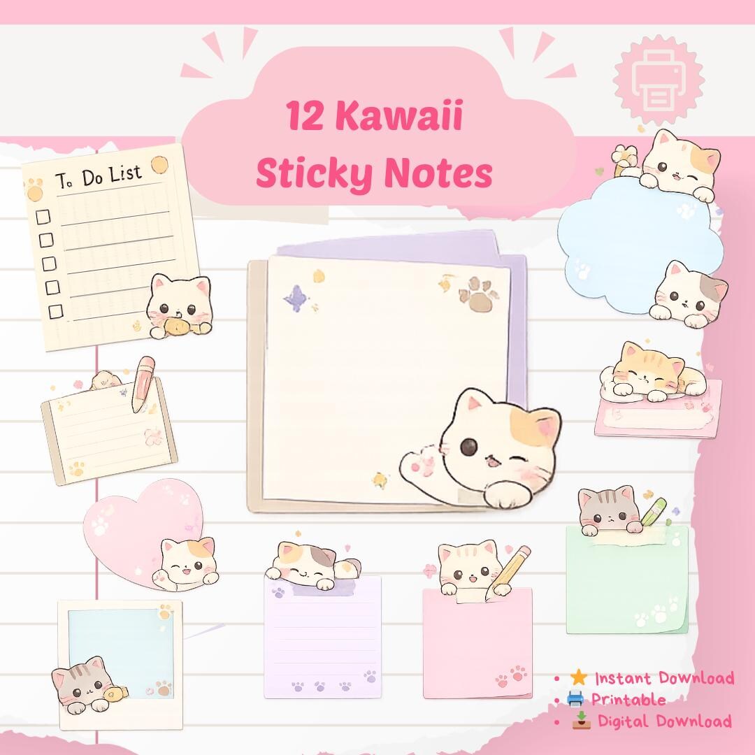 Kawaii Cat Sticky Notes, Pastel Planner Memo Sheets (digital Download ...