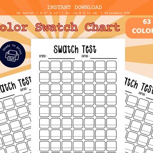 Puede incluir: Un gráfico de muestras de color imprimible con el texto "Color Swatch Chart" y "63 COLORS". El gráfico incluye varias hojas de "Swatch Test" con espacios para muestras de color. El diseño está sobre un fondo blanco con acentos naranjas y amarillos.