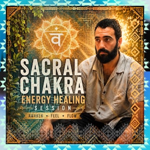 May include: A digital graphic featuring a bearded person in a light gray shirt. The text reads SACRAL CHAKRA ENERGY HEALING SESSION AWAKEN FEEL FLOW. A golden lotus symbol with a Sanskrit character is centered above the text against a textured background.