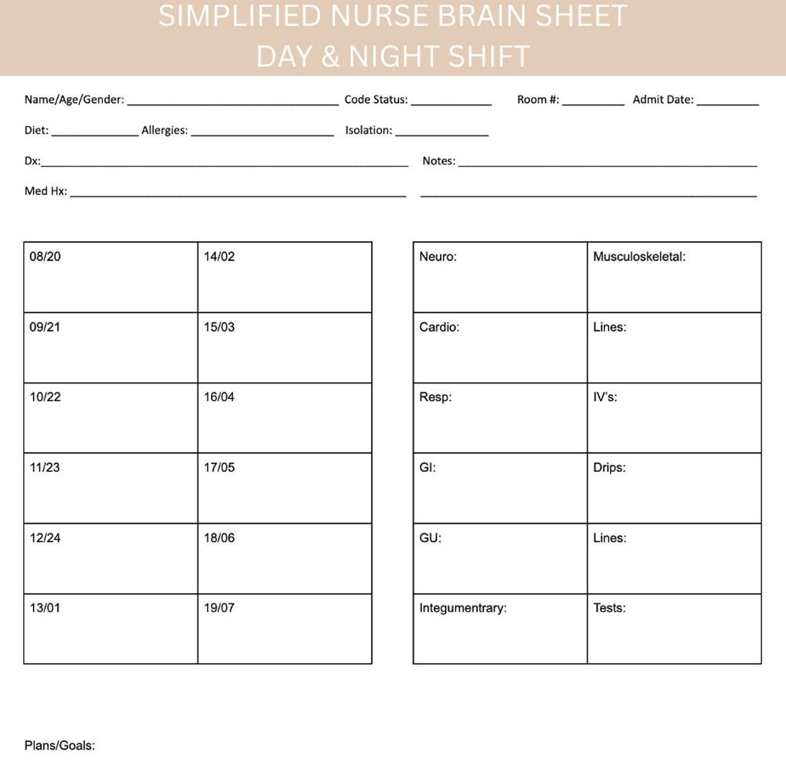 Nurse Brain Sheet Template | Med Surg Clinical Report (PDF Download) - Etsy