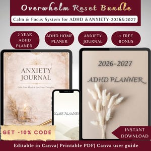 ADHD Planner & Anxiety Workbook Bundle | Overwhelm Reset System | Printable Planner, Mood tracker, ADHD household , Canva template