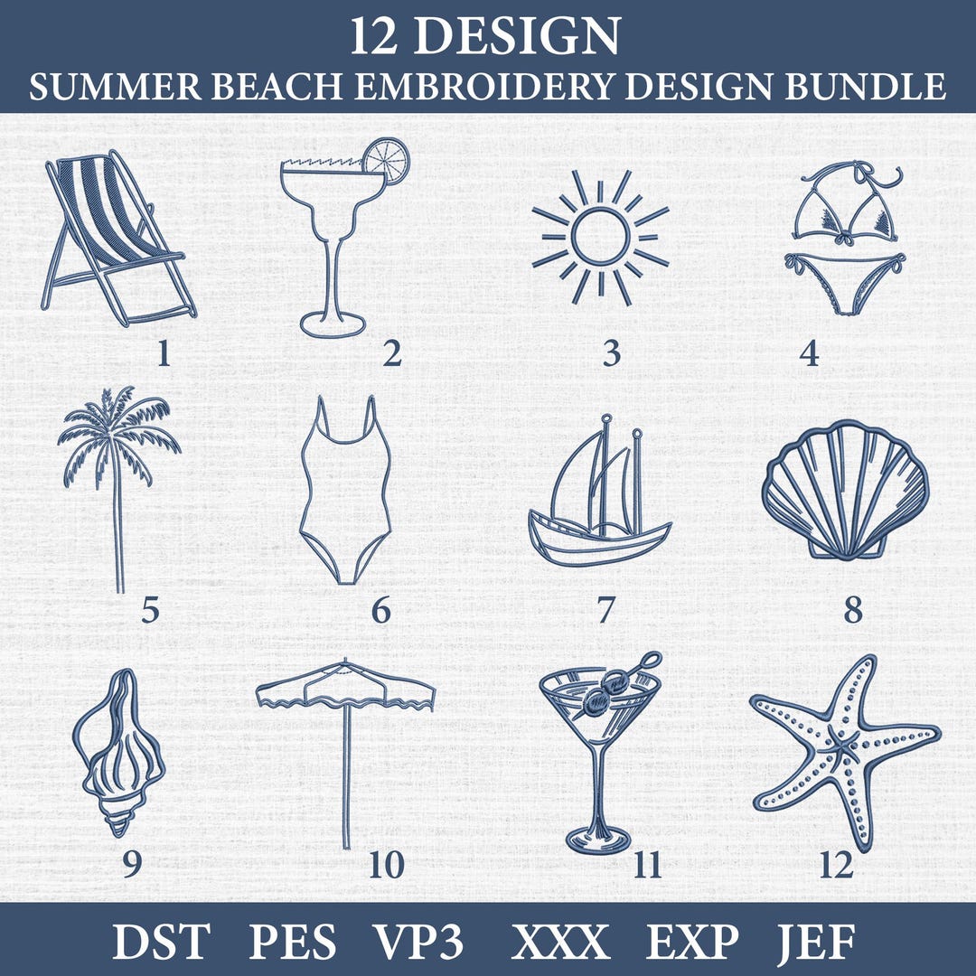 Summer Beach Embroidery Designs Bundle, Minimalist Vacation Line Art ...