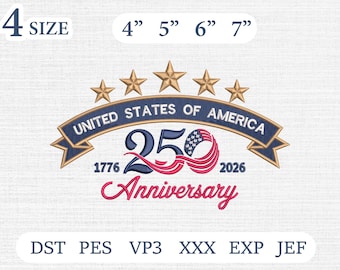 Puede incluir: Diseño bordado con el texto "UNITED STATES OF AMERICA" sobre "250 Anniversary 1776-2026". El diseño incluye estrellas doradas y una cinta en rojo, blanco y azul. Disponible en tamaños de 10,16 cm, 12,7 cm, 15,24 cm y 17,78 cm.