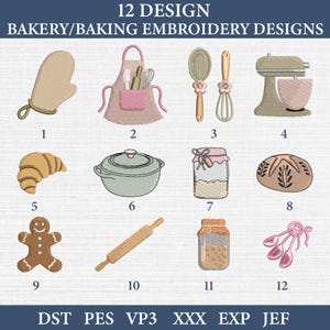 Puede incluir: Un conjunto de diseños de bordado con 12 diseños con temática de panadería. Incluye un guante, un delantal, un batidor, una batidora de pie, un cruasán, una olla, un tarro, pan, un hombre de jengibre, un rodillo, un tarro y cucharas medidoras.