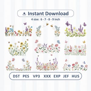 Op de afbeelding: Een digitale collectie van negen bloemenborduurontwerpen met diverse wilde bloemen, bijen en vlinders. De tekst luidt Instant Download, 4 size: 6 - 7 - 8 - 9 inch, en de formaten DST, PES, VP3, XXX, EXP, JEF, HUS op een gestreepte achtergrond.