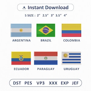 Può includere: Toppe ricamate con le bandiere di Argentina, Brasile, Colombia, Ecuador, Paraguay e Uruguay. Ogni toppa è rettangolare con cuciture dettagliate. Misure: 5 cm, 6 cm, 8 cm, 9 cm e 10 cm. Testo: "Download istantaneo".