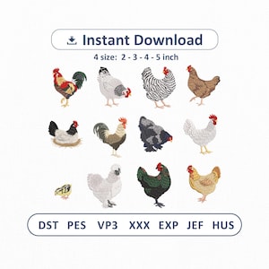 May include: A digital embroidery design set featuring twelve distinct chicken and rooster illustrations in various colors and patterns. The text reads Instant Download, 4 size: 2 - 3 - 4 - 5 inch, and file formats DST, PES, VP3, XXX, EXP, JEF, HUS.