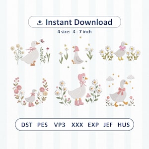 Puede incluir: Conjunto de diseños de bordado digital con seis gansos blancos con lazos, gorros y botas rosas, rodeados de margaritas y flores silvestres. Texto: Instant Download, 4 size: 4 - 7 inch, formatos de archivo: DST, PES, VP3, XXX, EXP, JEF, HUS.
