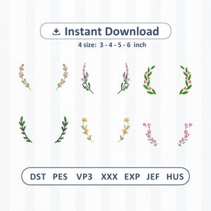 May include: Digital embroidery design set featuring six pairs of floral and botanical wreaths in various colors including pink, yellow, green, and red berries. The text reads Instant Download and lists sizes 3 - 4 - 5 - 6 inch with file formats DST, PES, VP3, XXX, EXP, JEF, HUS.
