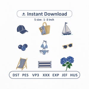 May include: Digital download featuring nautical-themed illustrations. Includes a navy blue baseball cap, a straw tote bag with a blue scarf, a sailboat, blueberries, a blue bikini, sunglasses, a beach chair, a beach towel, and blue hydrangea flowers. Text: Instant Download.