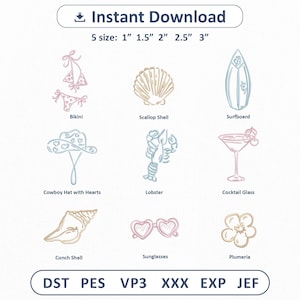 May include: An instant download graphic featuring line art designs of summer-themed items. Includes a bikini, seashell, surfboard, cowboy hat, lobster, cocktail glass, conch shell, sunglasses, and plumeria flower. Sizes range from 1 to 3 inches.
