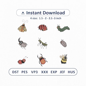 Puede incluir: Un conjunto de diseños de bordado digital con nueve insectos ilustrados, incluyendo una polilla, mariquita, oruga, escarabajo, mantis, cochinilla, hormiga y abeja. Texto: Instant Download, 4 size: 1.5 - 2 - 2.5 - 3 inch, DST, PES, VP3, XXX, EXP, JEF, HUS.