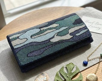 Vintage irisierende Perlen Clutch Tasche Abstrakt Ocean Blue Abend Geldbörse