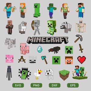 May include: A collection of Minecraft-themed digital graphics featuring various characters, creatures, and icons from the popular video game. Includes Steve, Creeper, Zombie, and other pixelated designs. The word "Minecraft" is displayed in the center.