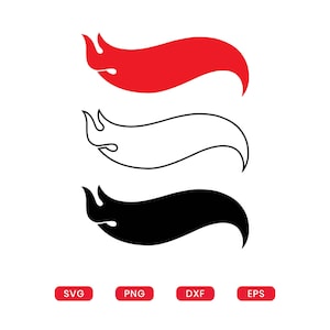 May include: Three stylized flame designs in red, white outline, and black. The flames have a curved, flowing shape with a pointed tip. Below are red rectangles with the text "SVG", "PNG", "DXF", and "EPS".