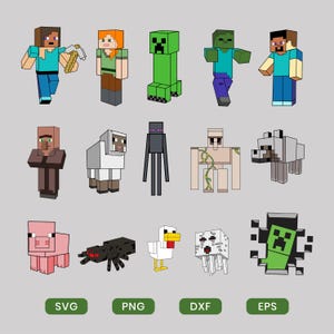 May include: A collection of Minecraft character illustrations in a flat design style. The characters include Steve, Alex, a Creeper, a Zombie, a Villager, a Sheep, an Enderman, an Iron Golem, a Wolf, a Pig, a Spider, a Chicken, and a Ghast.
