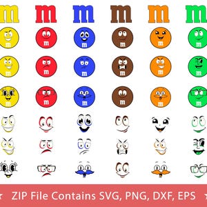 May include: A collection of colorful cartoon graphics featuring the letter "m" and various facial expressions. The graphics include yellow, red, blue, brown, orange, and green circles with different emotions. The image also includes the text "ZIP File Contains SVG, PNG, DXF, EPS".