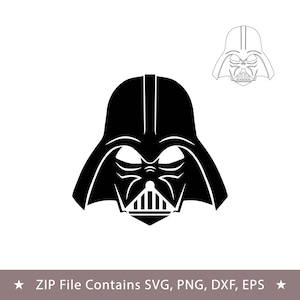 May include: Black silhouette of Darth Vader's helmet, a character from Star Wars, with a detailed outline of the face and helmet. A smaller outline of the helmet is in the upper right corner. The image is on a white background.