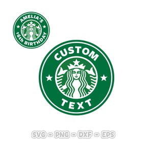May include: Green and white custom logo design with a mermaid emblem, stars, and the words "CUSTOM TEXT". A smaller version of the logo reads "AMELIA'S 16th BIRTHDAY". The bottom of the image displays "SVG - PNG - DXF - EPS".