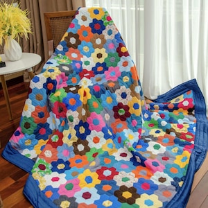 Handmade Hexagon Patchwork Blanket, Colorful Cotton Bedspread, Grandmother's Flower Garden