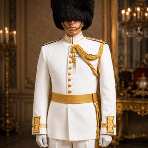 Op de afbeelding: Een persoon in een wit militair uniform met gouden accenten, waaronder een gevlochten schouderkoord, knopen en een riem. Het uniform heeft gouden biezen op de manchetten en kraag. De persoon draagt een hoge zwarte bontmuts en witte handschoenen.