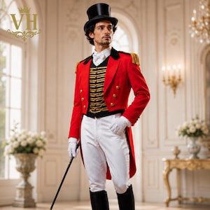 May include: A ringmaster costume featuring a red tailcoat with gold epaulets, a black waistcoat with gold braided trim, white trousers, and a black top hat. The ensemble includes white gloves and a black cane, creating a formal circus-inspired look.