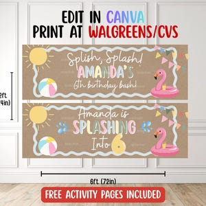 Splish Splash Birthday Banner, Splashing into Birthday Party Decor, Flamingo Pool Party Canva Template, Printable Walgreens 2x6 Banner