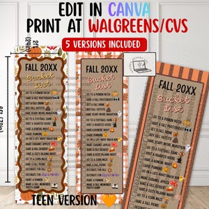 Pode incluir: Três cartazes verticais Fall 20XX Bucket List com listas de verificação e ícones. O texto inclui EDIT IN CANVA, PRINT AT WALGREENS/CVS e 5 VERSIONS INCLUDED. Uma linha de dimensão indica uma altura de 183 cm. Temas de outono.