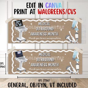 Puede incluir: Una pancarta rectangular con fondo marrón texturizado y bordes ondulados blancos. Muestra el texto Medical Ultrasound Awareness Month y Thank you to our sonographers, junto con ilustraciones de un ecógrafo y varias sondas.