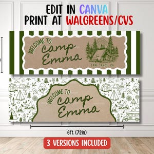 May include: Two rectangular banners featuring the text Welcome to camp Emma. The top banner has green stripes and a tent illustration with Lake Tahoe, CA. The bottom banner has a camping-themed pattern. Dimensions are 2ft by 6ft (24in by 72in).