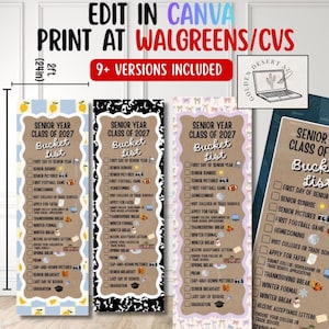 May include: A set of printable Senior Year Class of 2027 bucket list templates featuring various patterns and icons. The text includes EDIT IN CANVA, PRINT AT WALGREENS/CVS, and 9+ VERSIONS INCLUDED. A measurement of 2ft by 6ft (72in) is shown.