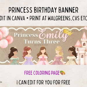 Princess Birthday Banner Editable Canva Template, Girl Birthday Banner, Pink Princess Party Decor, Custom Name Banner, Walgreens CVS banner