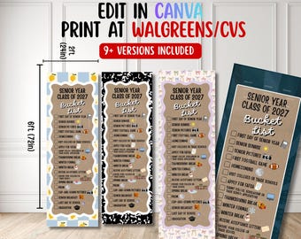 May include: Four vertical banners titled Senior Year Class of 2027 Bucket List with checkboxes and icons for school events. The banners measure 2 feet by 6 feet. Text includes Edit in Canva, Print at Walgreens/CVS, and 9+ Versions Included.