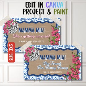 May include: Two rectangular signs with blue and white tile borders, a tan centre, and pink flowers. The top sign reads MAMMA MIA! She's getting married! EMMA'S BACHELORETTE. The bottom sign reads MAMMA MIA! She Found Her Honey Honey EMMA'S BACHELORETTE.